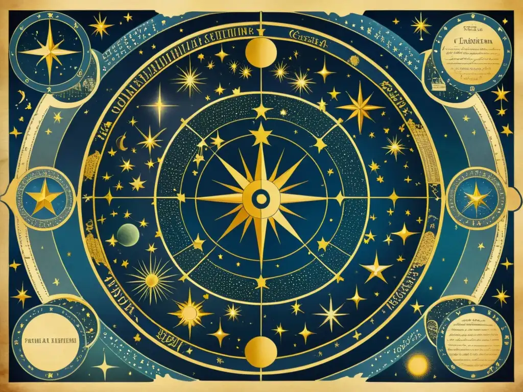 Un antiguo mapa celestial con constelaciones y estrellas, evocando historia y conocimiento