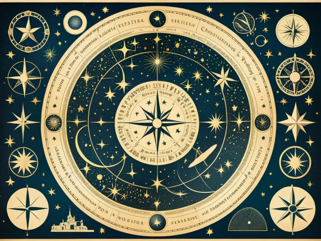 Un antiguo mapa celestial con constelaciones, estrellas y cuerpos celestes detallados en tonos sepia, evocando la maravilla de la exploración astral