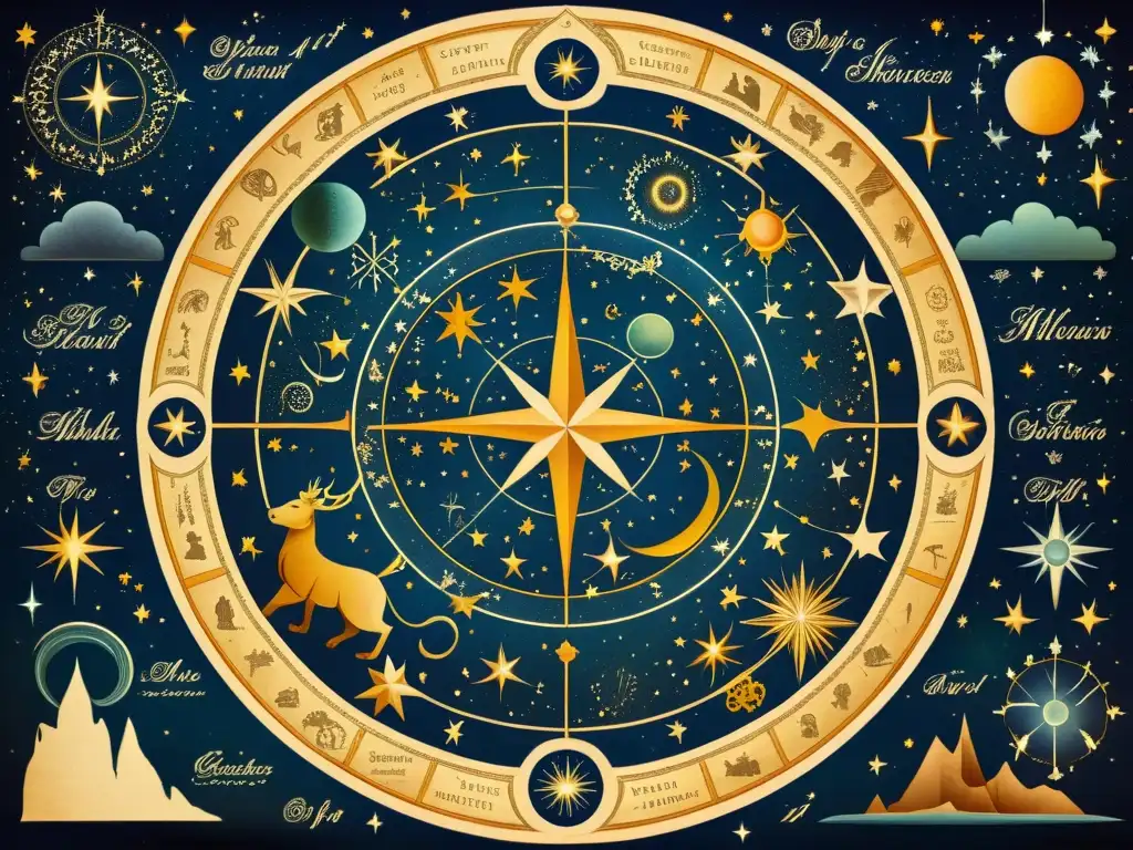 Un antiguo mapa celestial con constelaciones, figuras míticas y animales celestiales en un fondo de pergamino desgastado