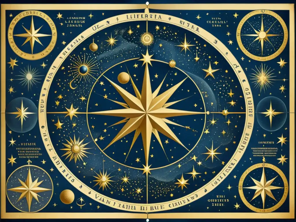 Un antiguo mapa celestial detallado con constelaciones, tonos azules y detalles dorados, evocando historia y misterio