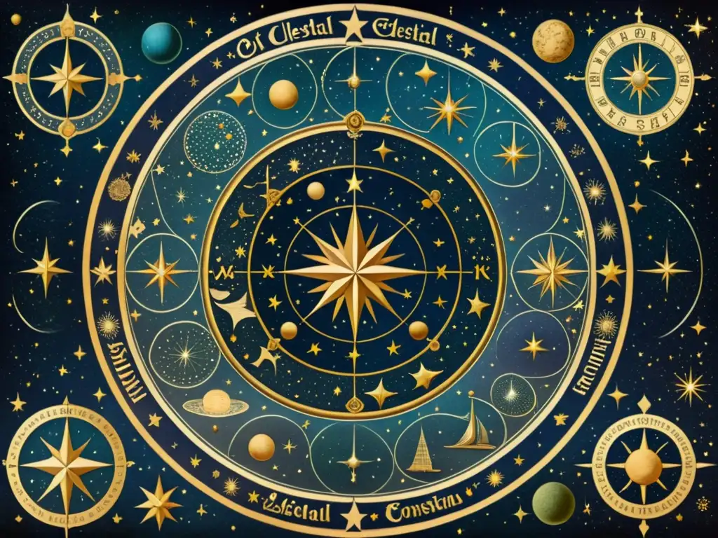 Un antiguo mapa celestial detallado en sepia, con constelaciones e ilustraciones míticas, evocando sabiduría ancestral