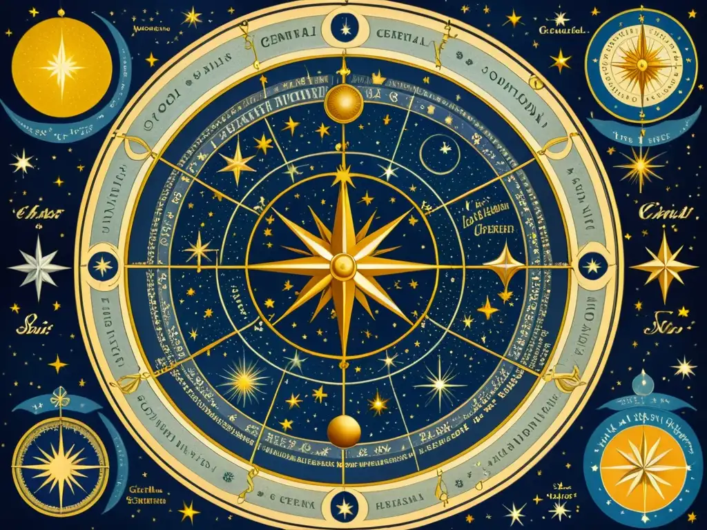 Un antiguo mapa celestial detallado con estrellas centrales brillantes en constelaciones, evocando importancia histórica y maravilla celestial