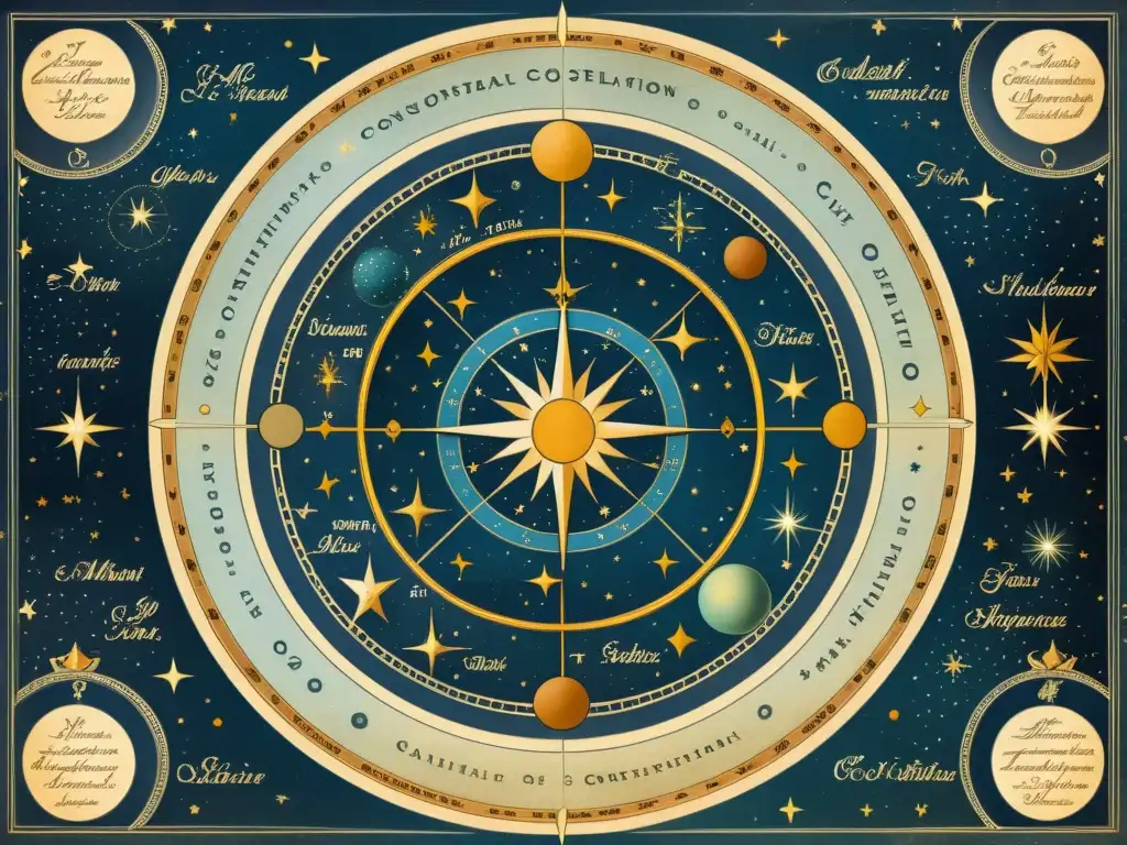 Antiguo mapa celestial con detalles intrincados y colores terrosos, evocando la fotometría en la clasificación de estrellas y constelaciones