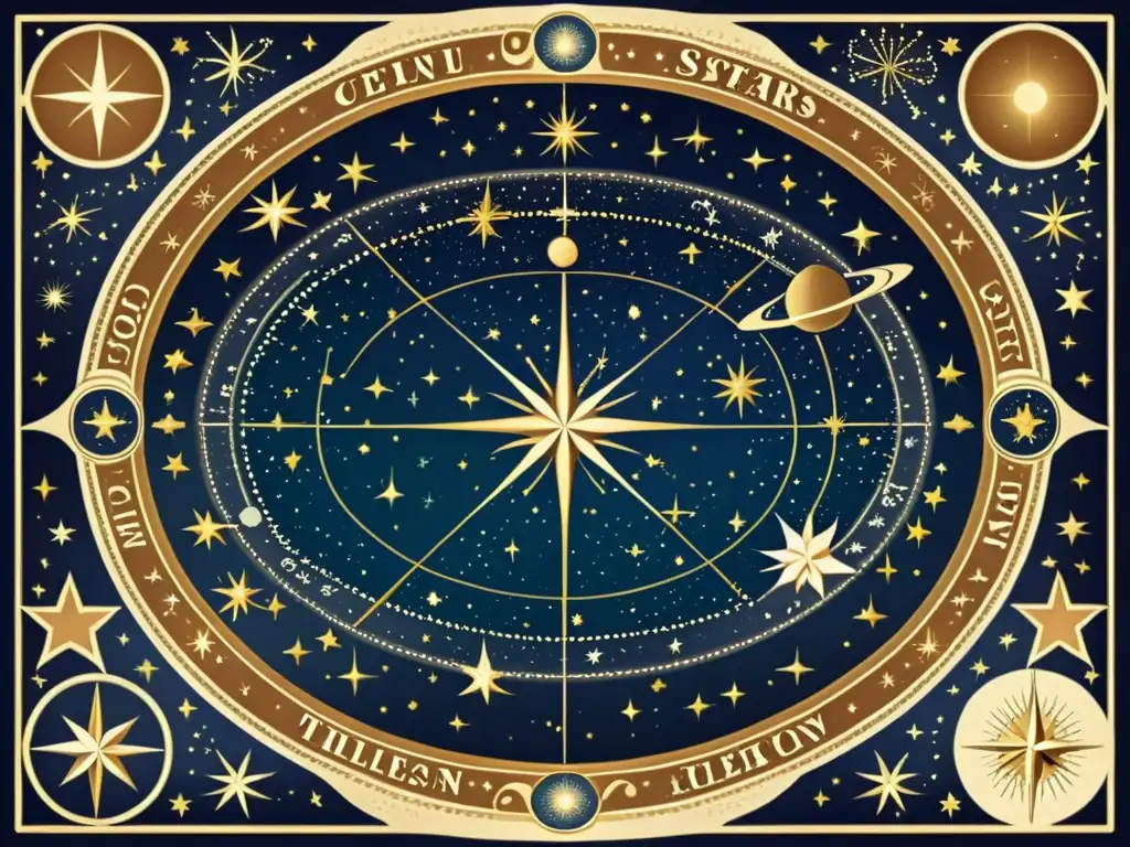 Un antiguo mapa celestial ilustrado con constelaciones y estrellas, detallado y ornamental en tonos terrosos, evocando asombro y exploración