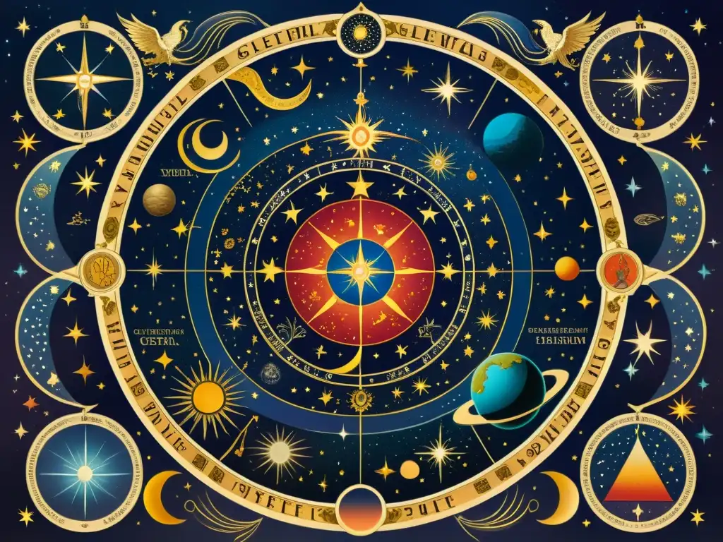 Un antiguo mapa celestial ilustrado con figuras mitológicas y constelaciones, detallado en hoja de oro y colores profundos