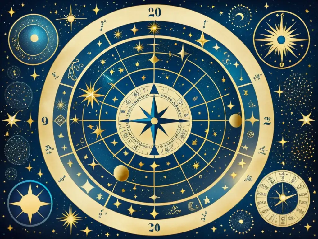 Un antiguo mapa celestial ilustrado con constelaciones y símbolos del zodiaco en tonos azules, dorados y plateados