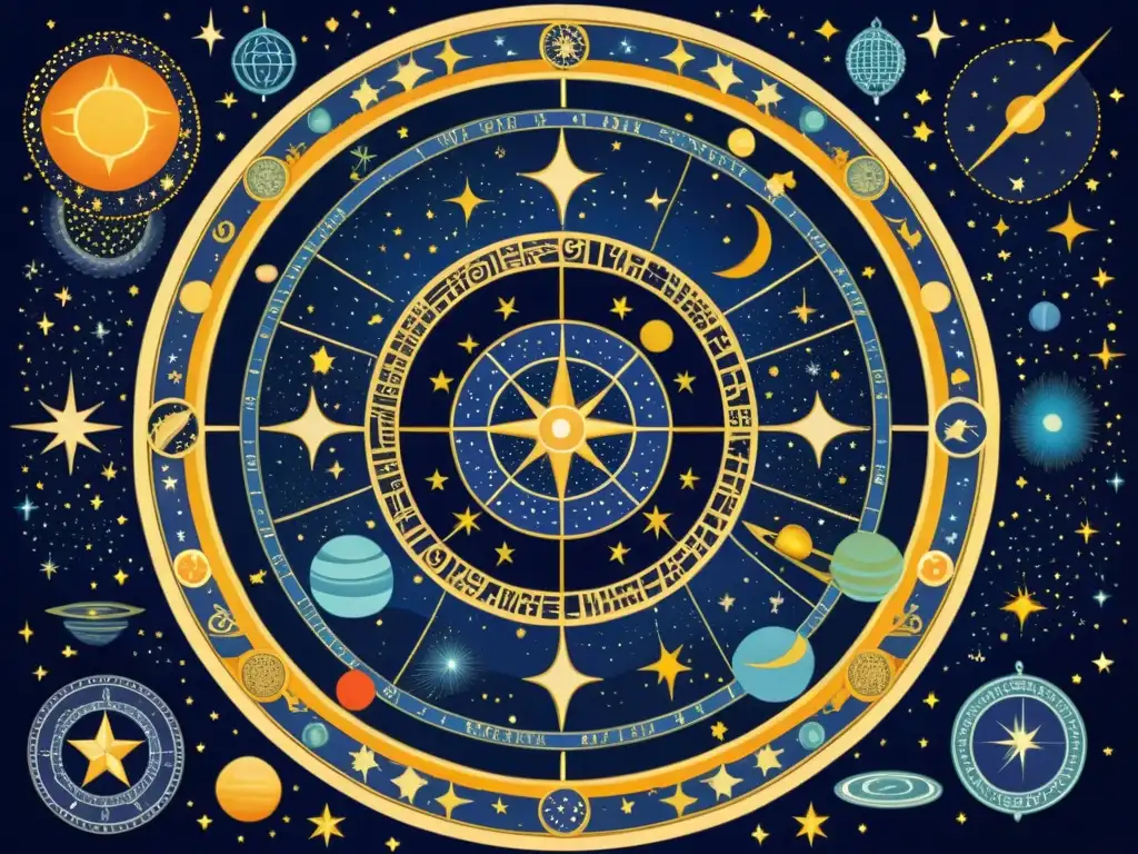 Un antiguo mapa celestial ilustrado con constelaciones y figuras mitológicas, decorado con detalles ornamentados y colores vibrantes