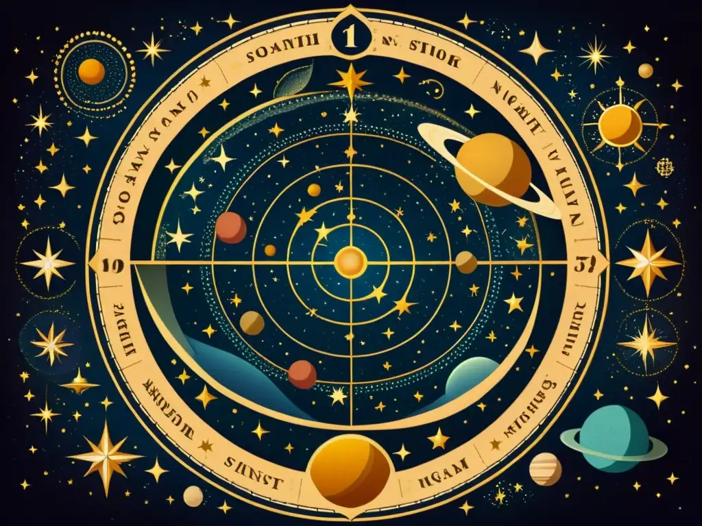 Un antiguo mapa celestial ilustra el movimiento de planetas y estrellas en el cielo nocturno, evocando asombro y exploración