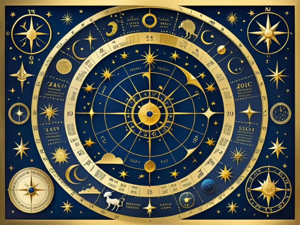 Un antiguo mapa celestial muestra los signos del zodíaco entre constelaciones y cuerpos celestes, en un cielo nocturno azul intenso