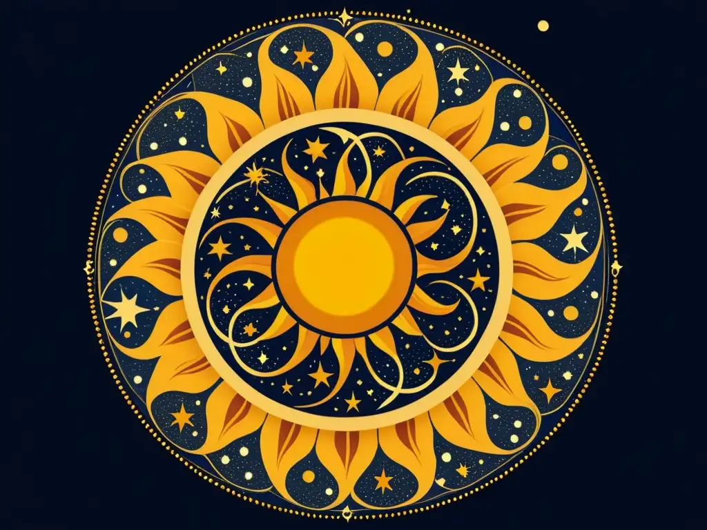 Un antiguo mapa celestial ilustra el Sol rodeado de constelaciones detalladas, evocando el significado cultural del Sol con su belleza atemporal