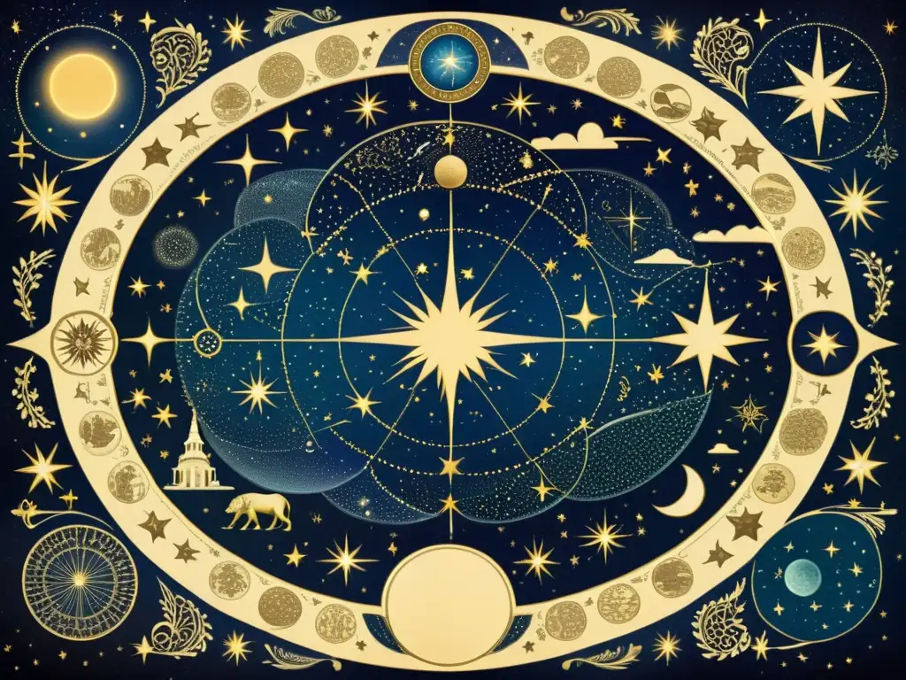 Un antiguo mapa del cielo con ilustraciones detalladas de constelaciones y estrellas, evocando una sensación de maravilla y sabiduría ancestral