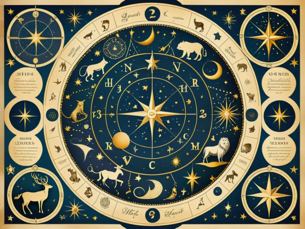 Un antiguo mapa estelar detallando constelaciones con ilustraciones míticas entrelazadas