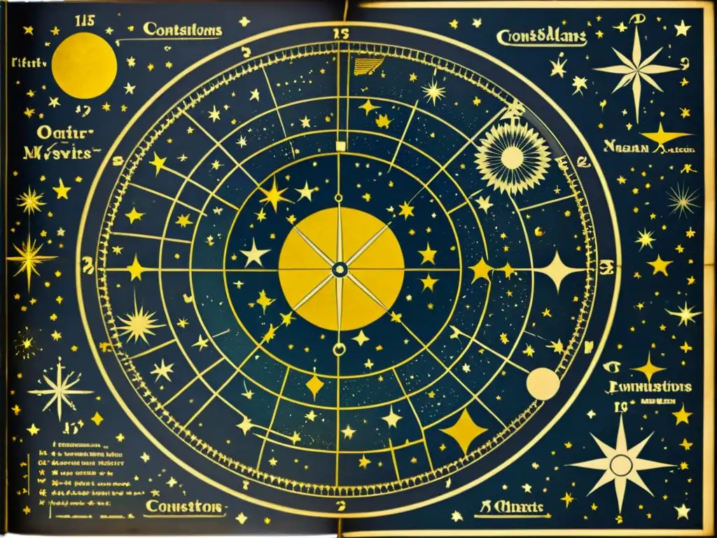 Antiguo mapa estelar con constelaciones, figuras mitológicas, notas manuscritas y detalles intrincados