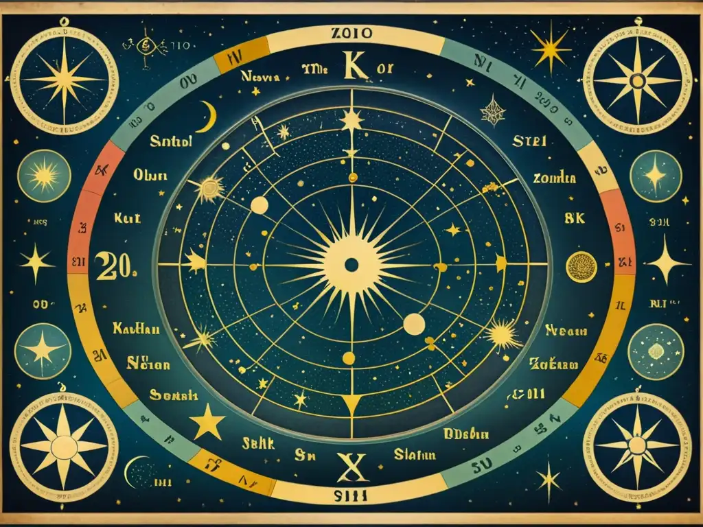 Antiguo mapa estelar en 8k de las constelaciones del Zodiaco con ilustraciones detalladas y caligrafía ornamental