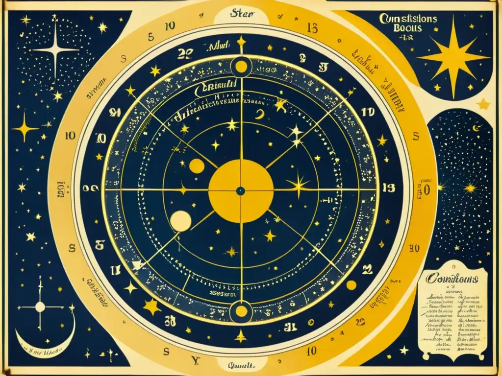 Antiguo mapa estelar con constelaciones, ilustraciones detalladas y atmósfera de misterio