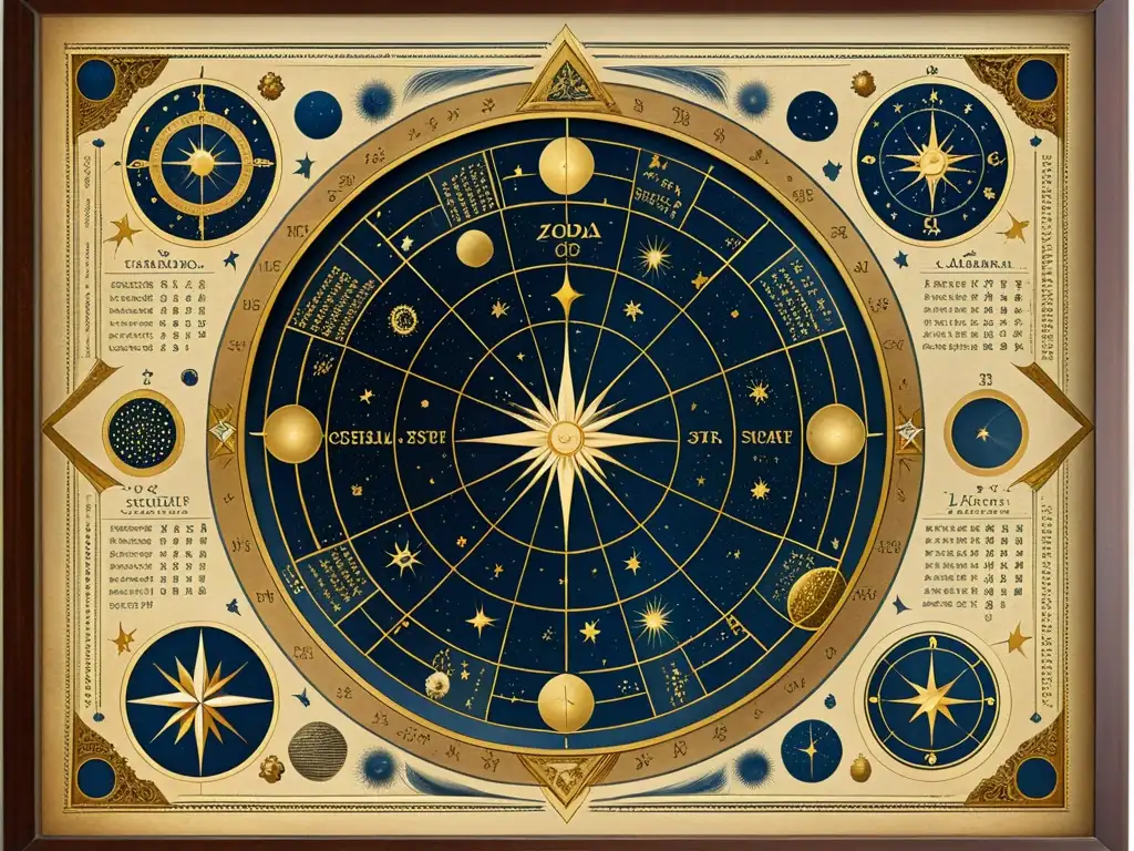 Un antiguo mapa estelar detallado en pergamino, con ilustraciones celestiales y notas manuscritas, enmarcado en dorado