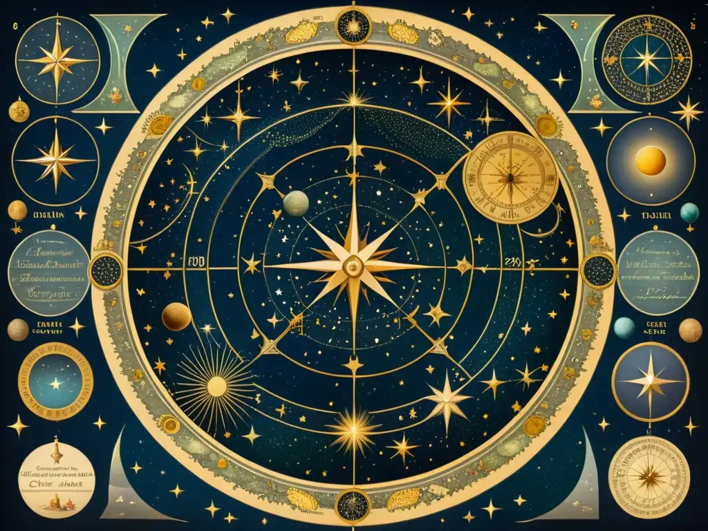 Un antiguo mapa estelar detallado con ilustraciones celestiales en español sobre pergamino desgastado