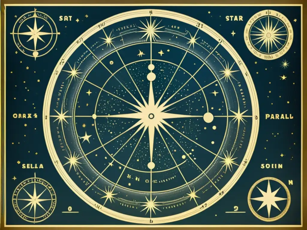 Un antiguo mapa estelar con detalles intrincados de constelaciones y paralaje estelar, evocando nostalgia y asombro