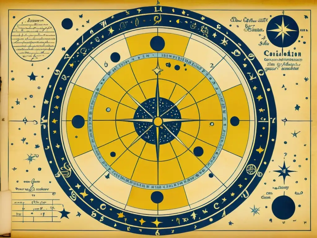 Un antiguo mapa estelar dibujado a mano en pergamino amarillento, detallando la posición y estructura de constelaciones con elegancia atemporal