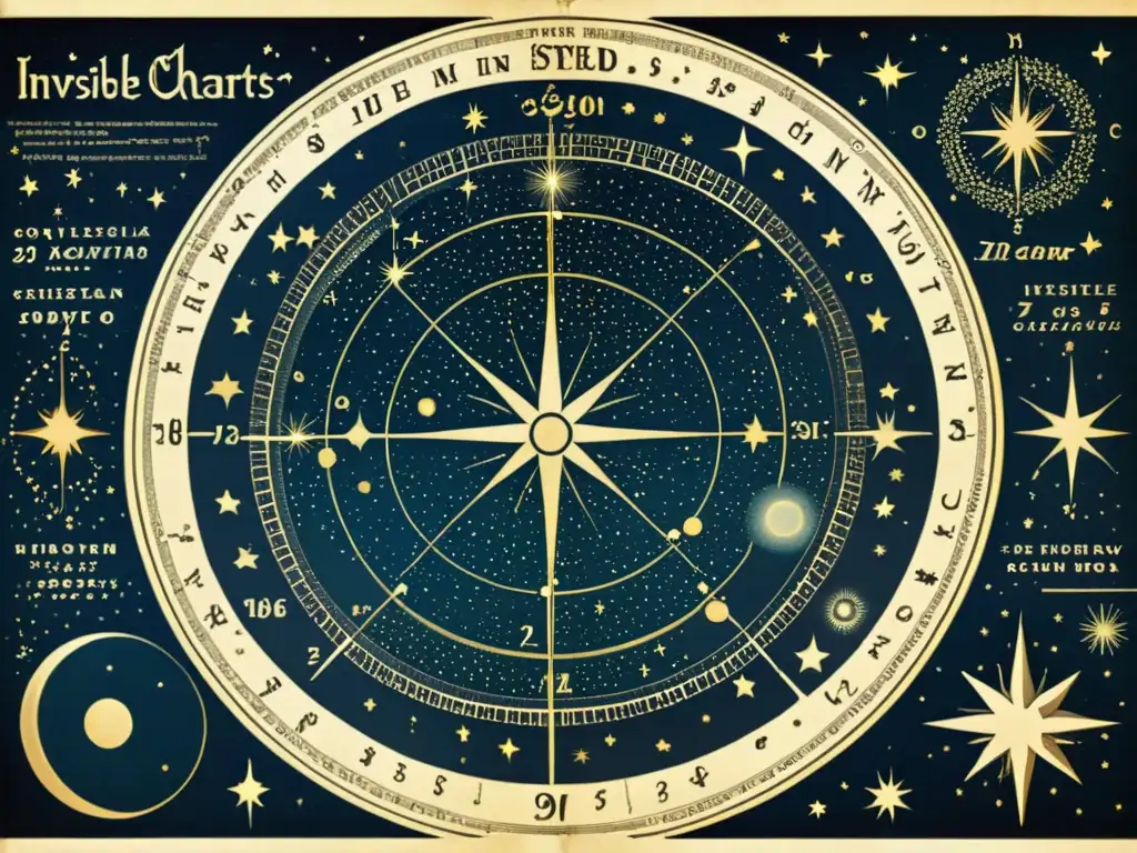 Un antiguo mapa estelar con posiciones de constelaciones invisibles en un cielo nocturno, detalles intrincados y un aire nostálgico de antigüedad