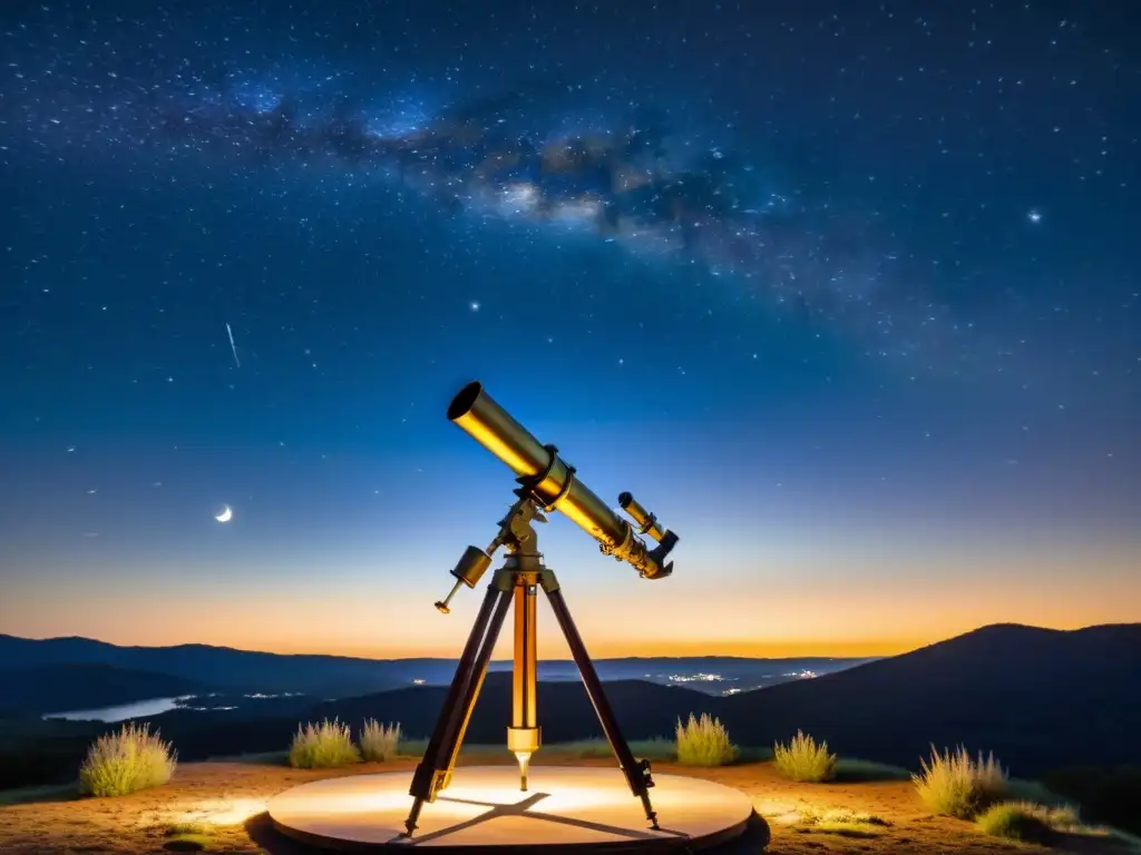 Un antiguo montaje de telescopio ecuatorial de latón con intrincados mecanismos y trípode de madera tallada, apuntando hacia la constelación de Orión en una noche estrellada