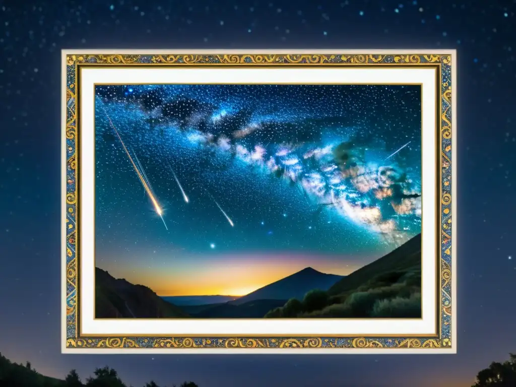 Un antiguo mosaico de las Perseidas, con colores vibrantes y detalles intrincados, enmarcado por fronteras ornamentadas de estilo vintage