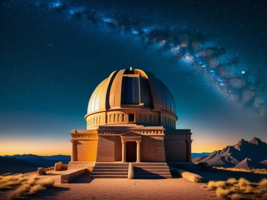 Antiguo observatorio con tallados de piedra y un cielo estrellado, conectando mitología, estrellas y observación del cosmos