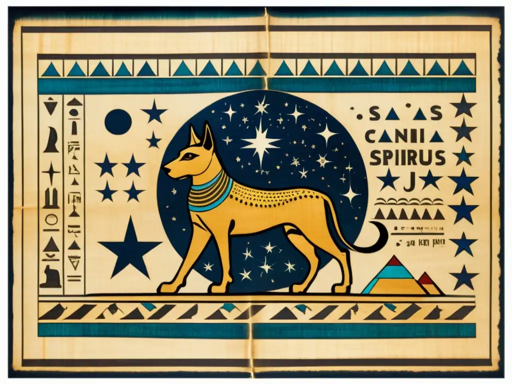 Antiguo papiro egipcio detallado con la constelación de Canis Major y la estrella Sirio, rodeado de jeroglíficos y diseños ornamentales