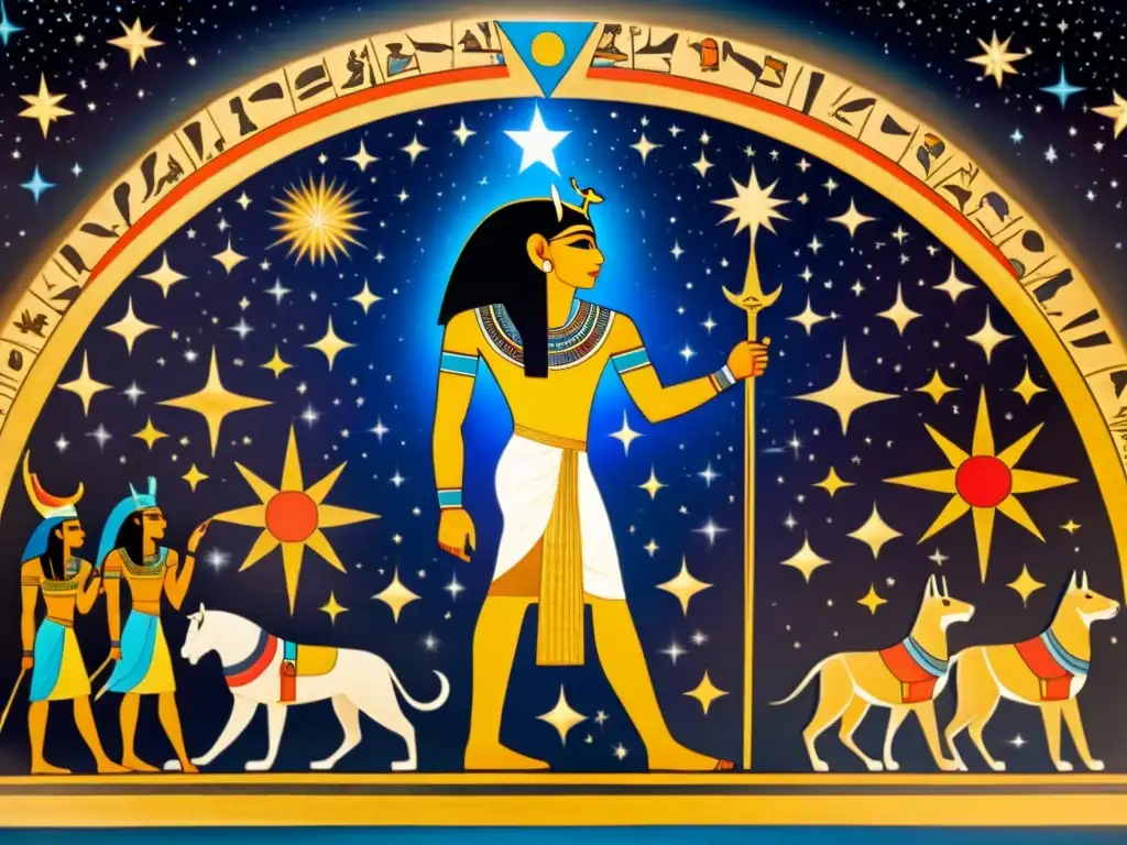 Sirio: Estrella Brillante en el Papiro Egipcio Antiguo papiro egipcio detalladamente pintado muestra la importancia de Sirio en Egipto con colores vibrantes y jeroglíficos