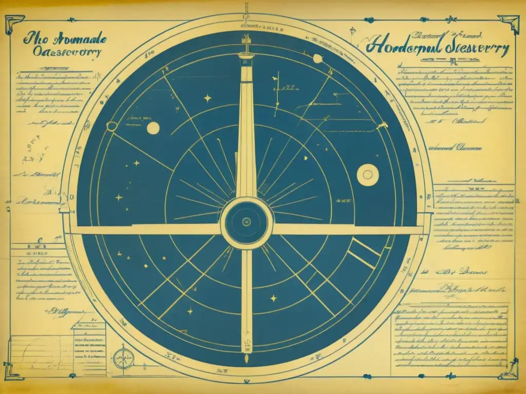 Un antiguo plano de un observatorio astronómico casero, con detalles meticulosos y un aire de fascinación atemporal