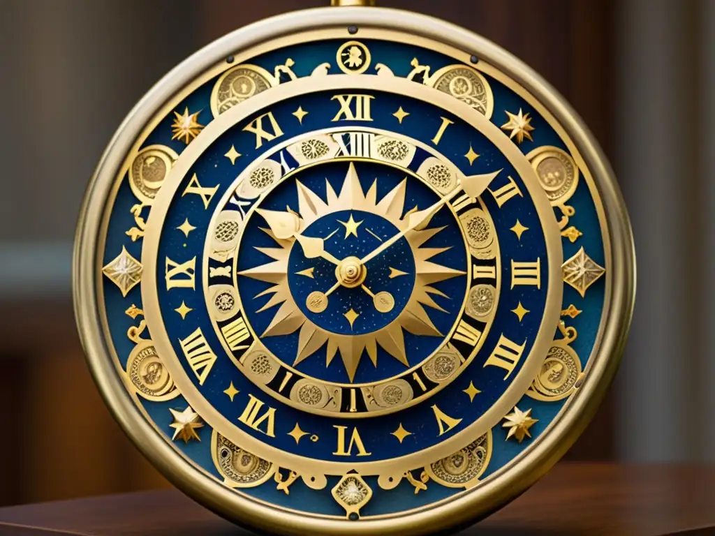 Un antiguo reloj celestial de latón, con intrincados grabados y detalles ornamentales, evocando precisión milenaria y maravilla celestial