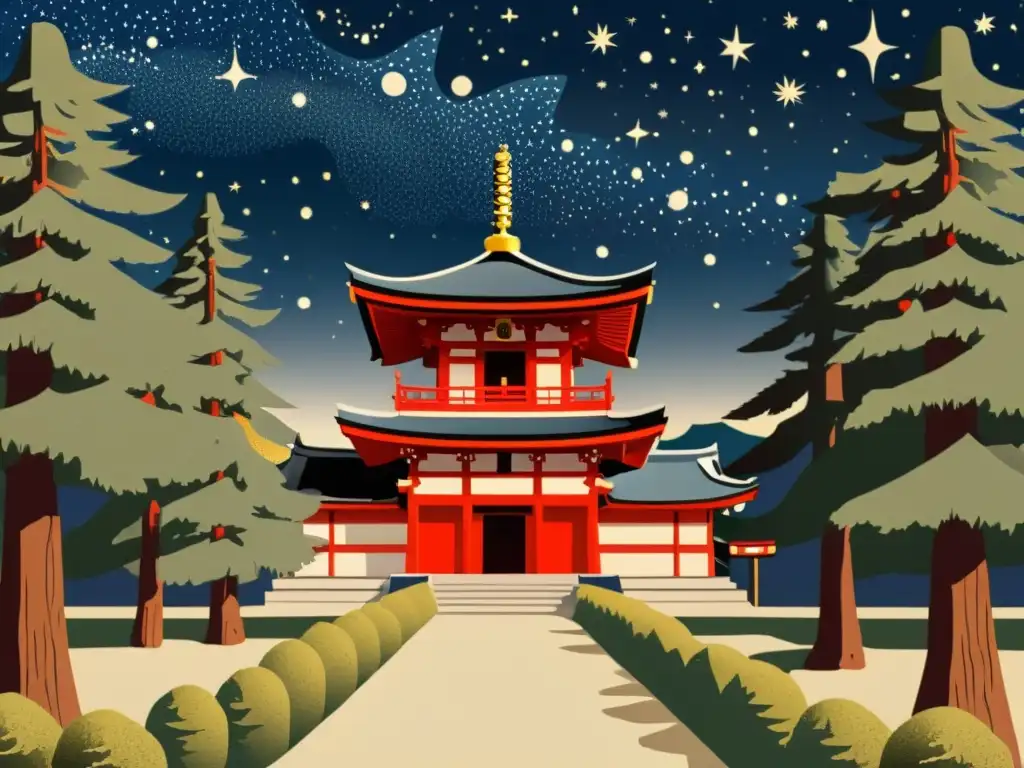 Un antiguo santuario Shinto entre pinos, con constelaciones y estrellas en el cielo