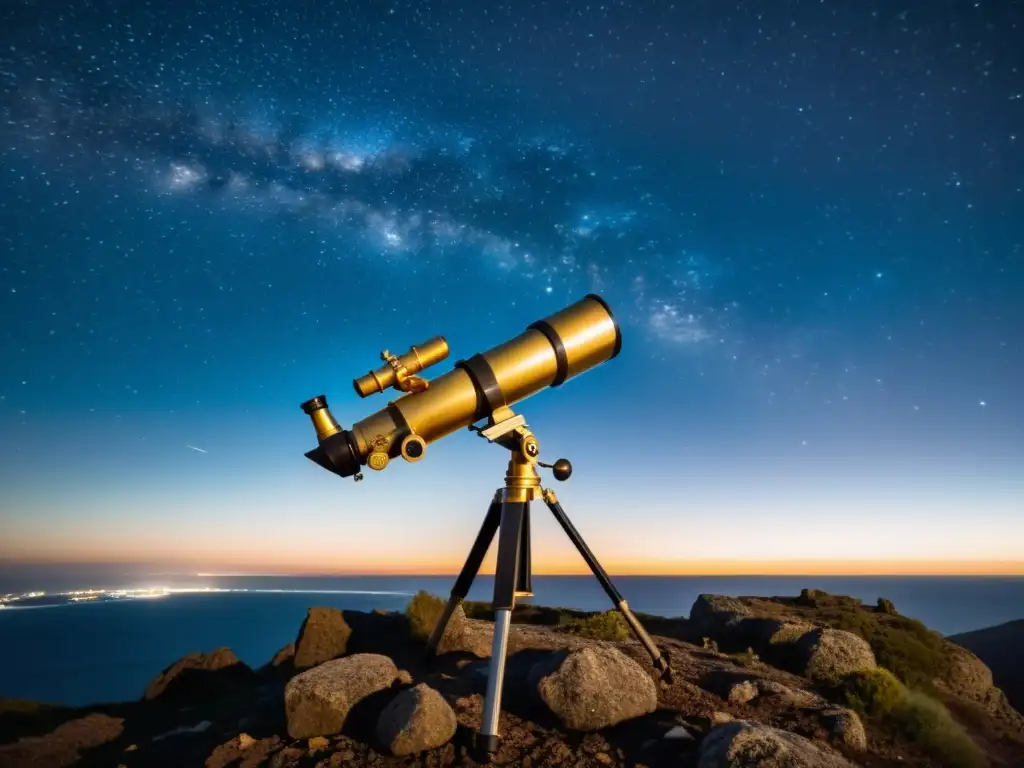 Un antiguo telescopio en un acantilado rocoso, mirando un vasto cielo estrellado