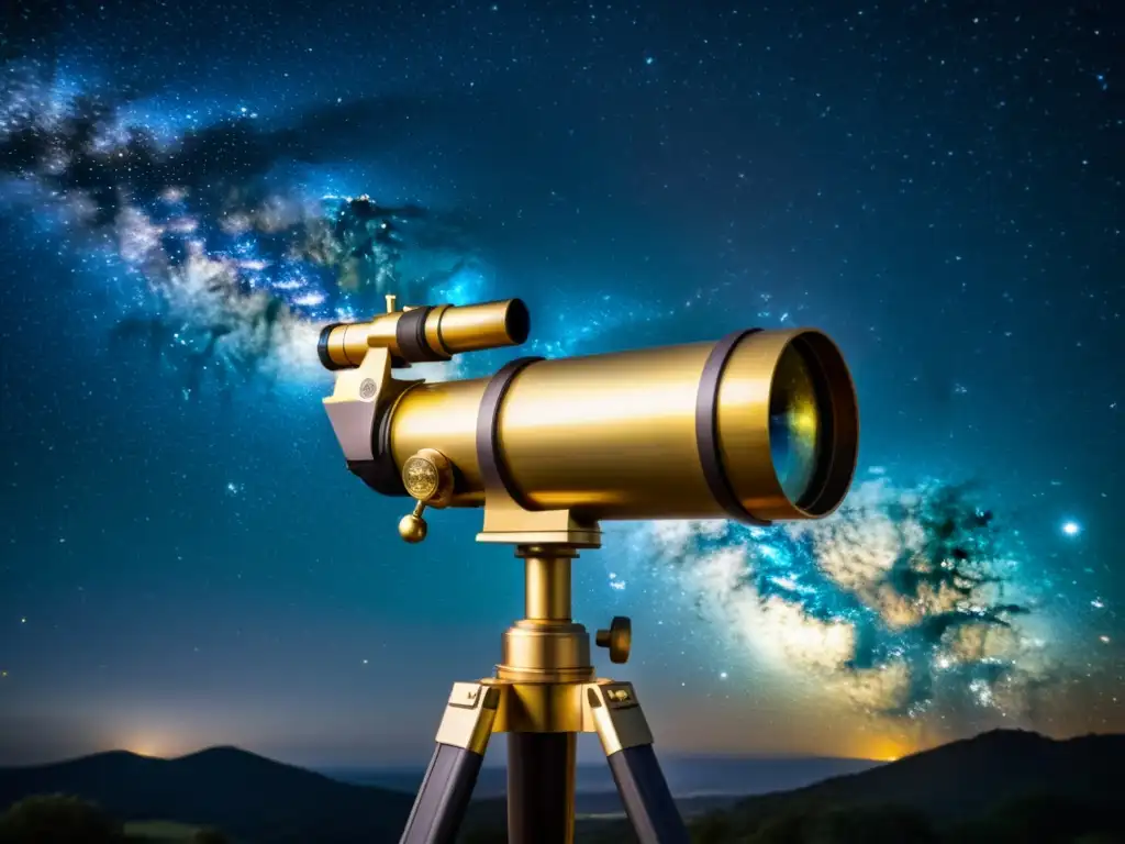 Un antiguo telescopio de latón apuntando a alineaciones planetarias, destacando en un cielo estrellado