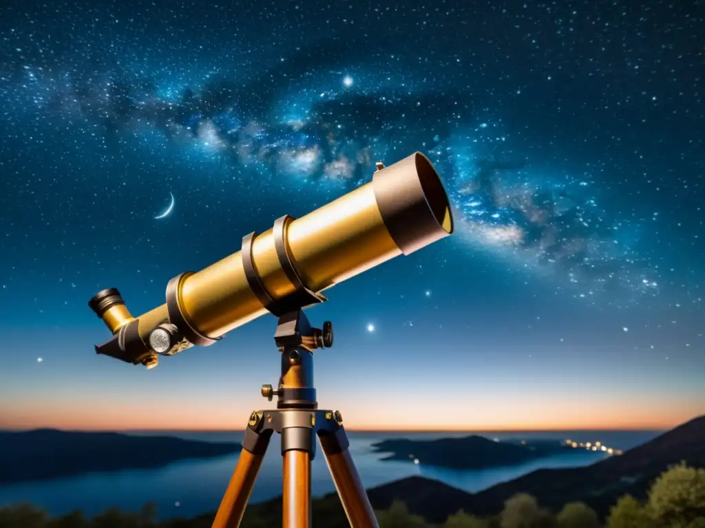 Un antiguo telescopio observa el Cambio de Constelaciones en una noche estrellada, evocando asombro y curiosidad