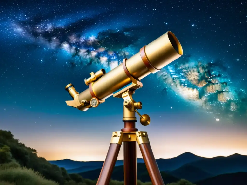 Antiguo telescopio bajo un cielo estrellado con la Vía Láctea de fondo