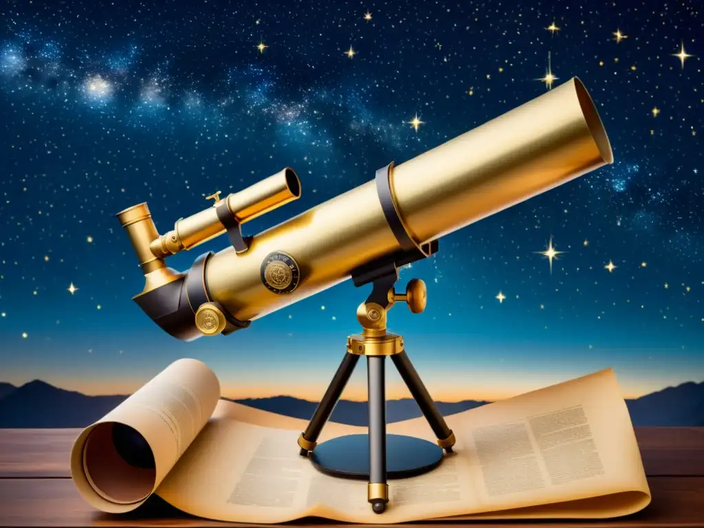 Antiguo telescopio apuntando a cielo estrellado con detalles de latón y lentes