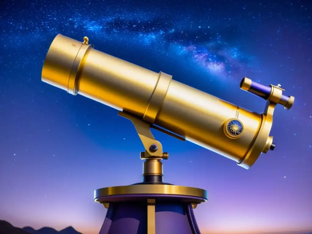 Antiguo telescopio observando constelaciones en fotografía ultravioleta, rodeado de herramientas astronómicas y mapas celestes históricos