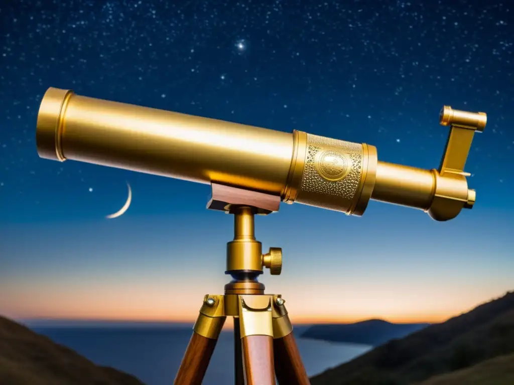 Un antiguo telescopio con detalles de latón, en un cielo estrellado