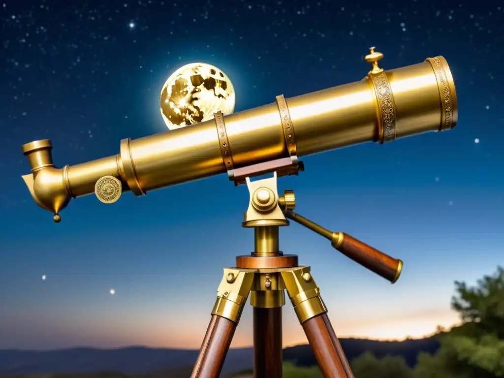 Un antiguo telescopio de latón con detalles ornamentados, en un cielo estrellado