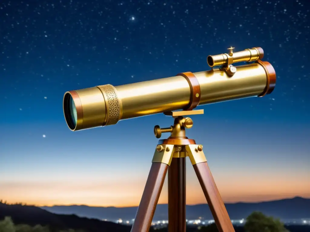 Un antiguo telescopio con detalles de latón, sobre un trípode de madera y el fondo de un cielo estrellado