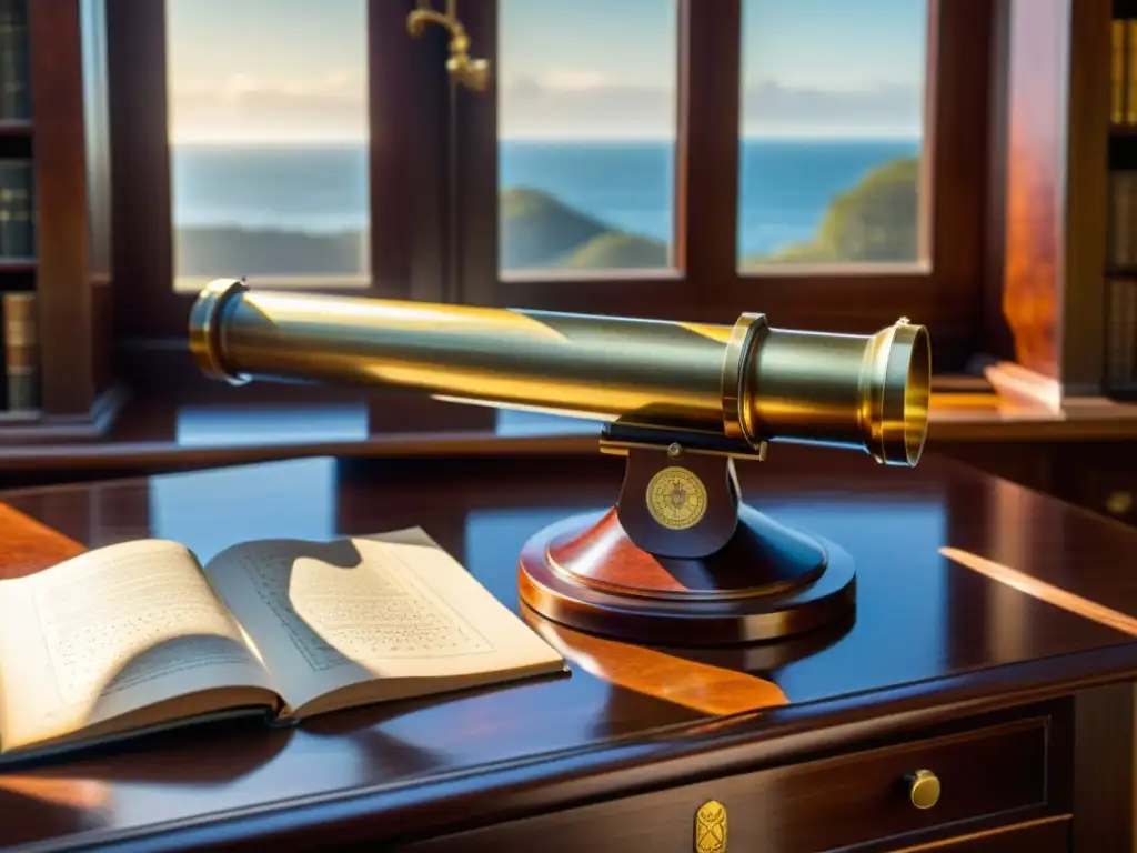 Telescopio de latón antiguo en escritorio de caoba bañado por luz cálida Un antiguo telescopio de latón sobre un escritorio de caoba, iluminado por cálida luz solar