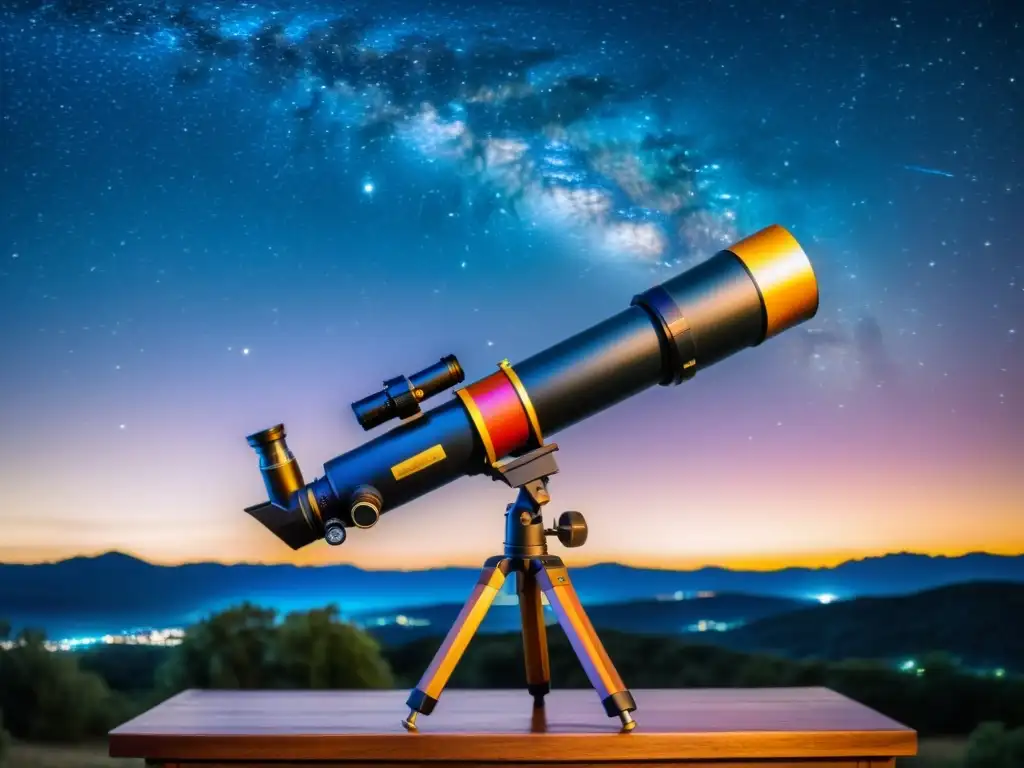 Un antiguo telescopio con filtros para observar constelaciones, en un claro cielo nocturno lleno de estrellas brillantes