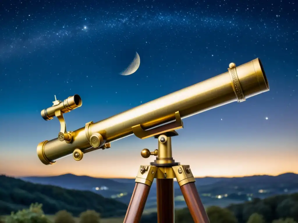 Un antiguo telescopio de latón con grabados detallados en un trípode de madera, apuntando hacia un vibrante grupo de estrellas en una noche estrellada