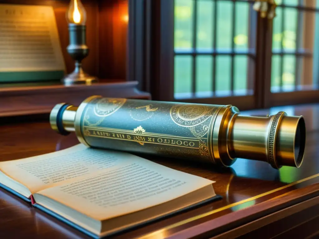 Un antiguo telescopio de latón descansa sobre una mesa de caoba, iluminado por la suave luz, rodeado de libros de astronomía vintage