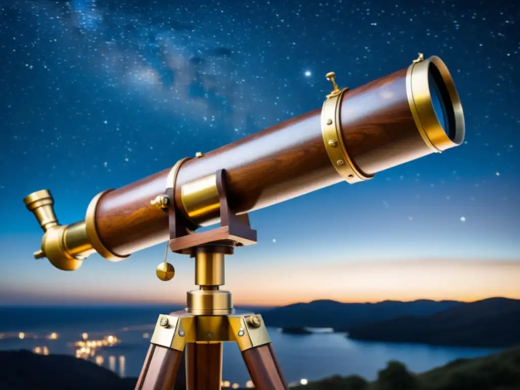 Un antiguo telescopio en montura de madera, frente a un cielo estrellado