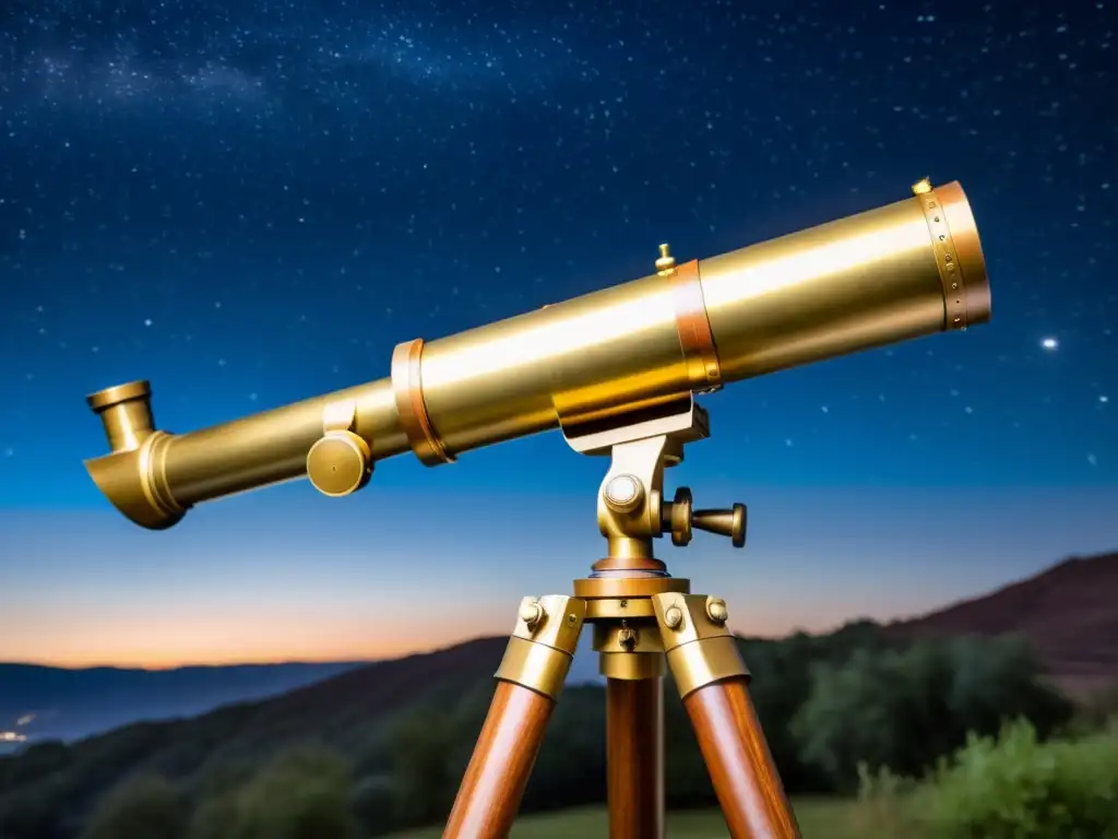 Un antiguo telescopio de latón observa el movimiento celestial en una noche estrellada