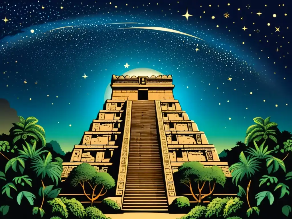 Antiguo templo maya en la selva, iluminado por constelaciones en la noche