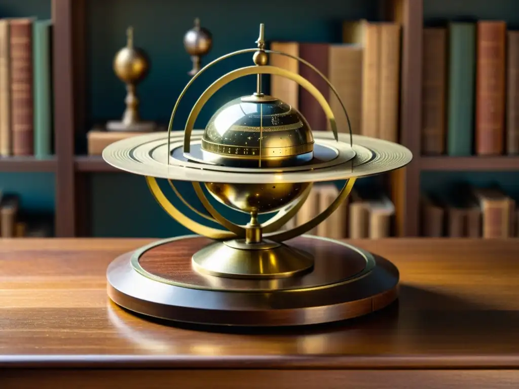 Un orrery de latón antiguo brilla en la tenue luz de un salón, rodeado de libros de astronomía antiguos