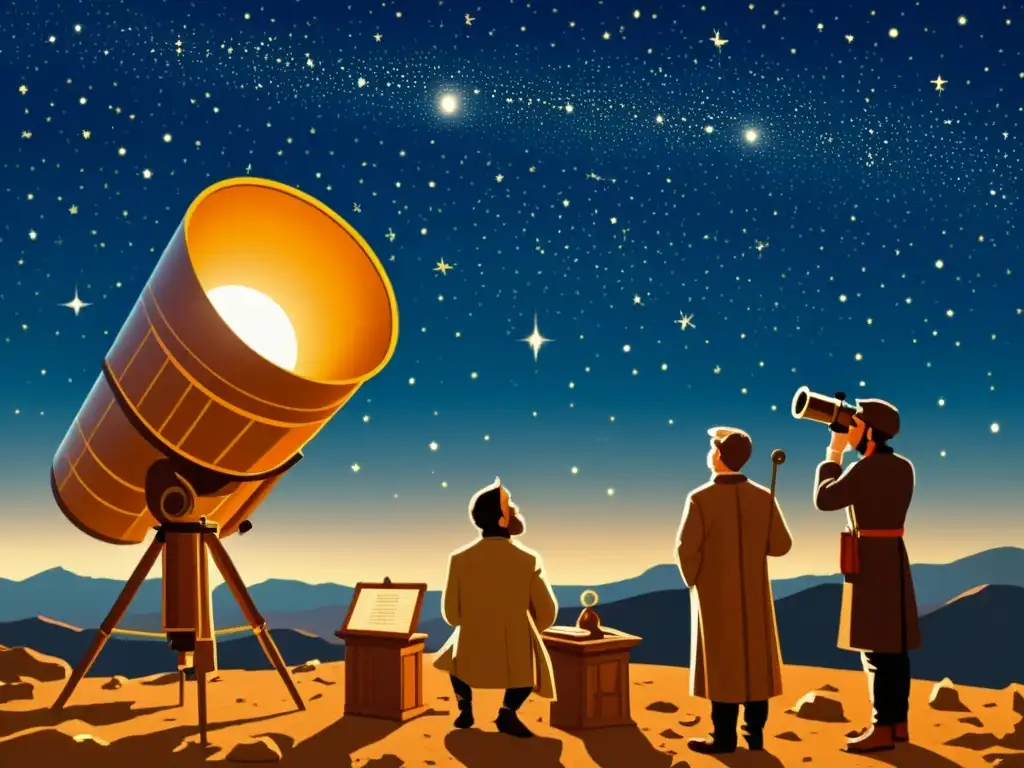 Antiguos astrónomos observan Aldebarán a través de un telescopio, rodeados de constelaciones en una ilustración vintage